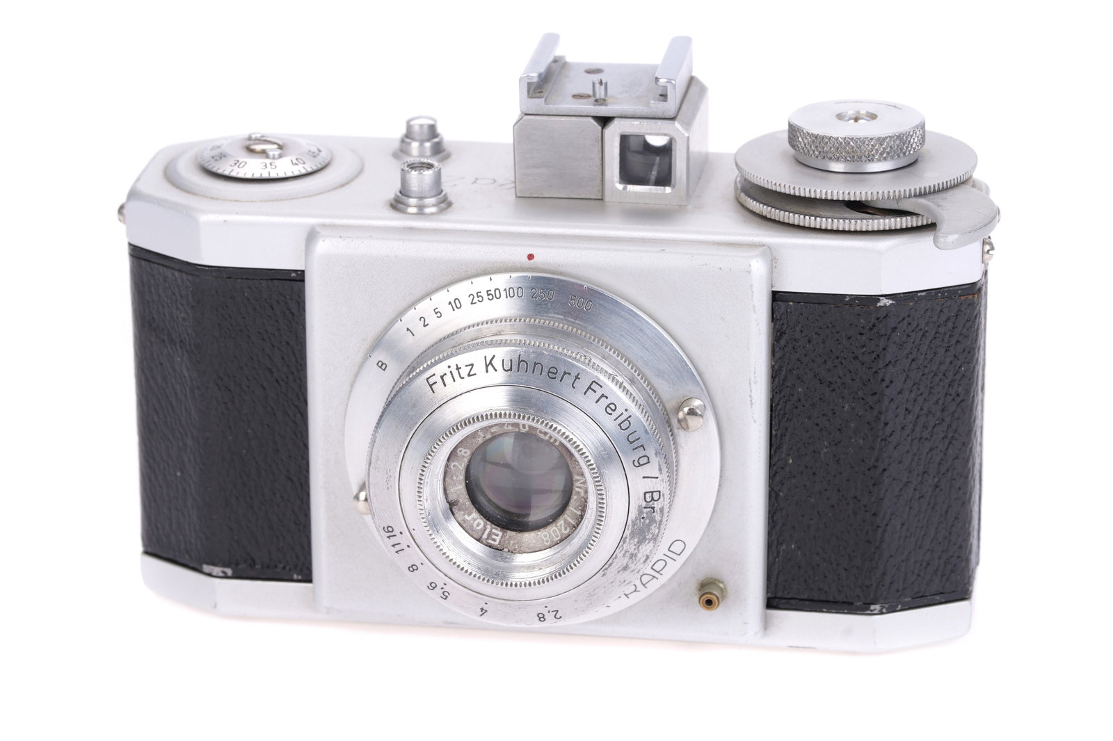 A Futura Efka 24 Camera,: 1947, chrome, serial no. 11523, with Fritz Kuhnert Elor f/2.8 40mm lens, serial no. 11208, body, VG, shutter working, lens, VG Notes: Modification to add coldshoe