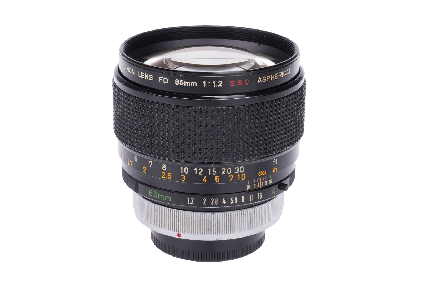 A Canon FD S.S.C. Aspherical f/1.2 85mm Lens,: FD mount, black, serial no. 13070, body, F-G, elements, VG, some very light haze / fungal-like marks to the rear and some very light fungal-like marks to the inner perimeter of the front element
