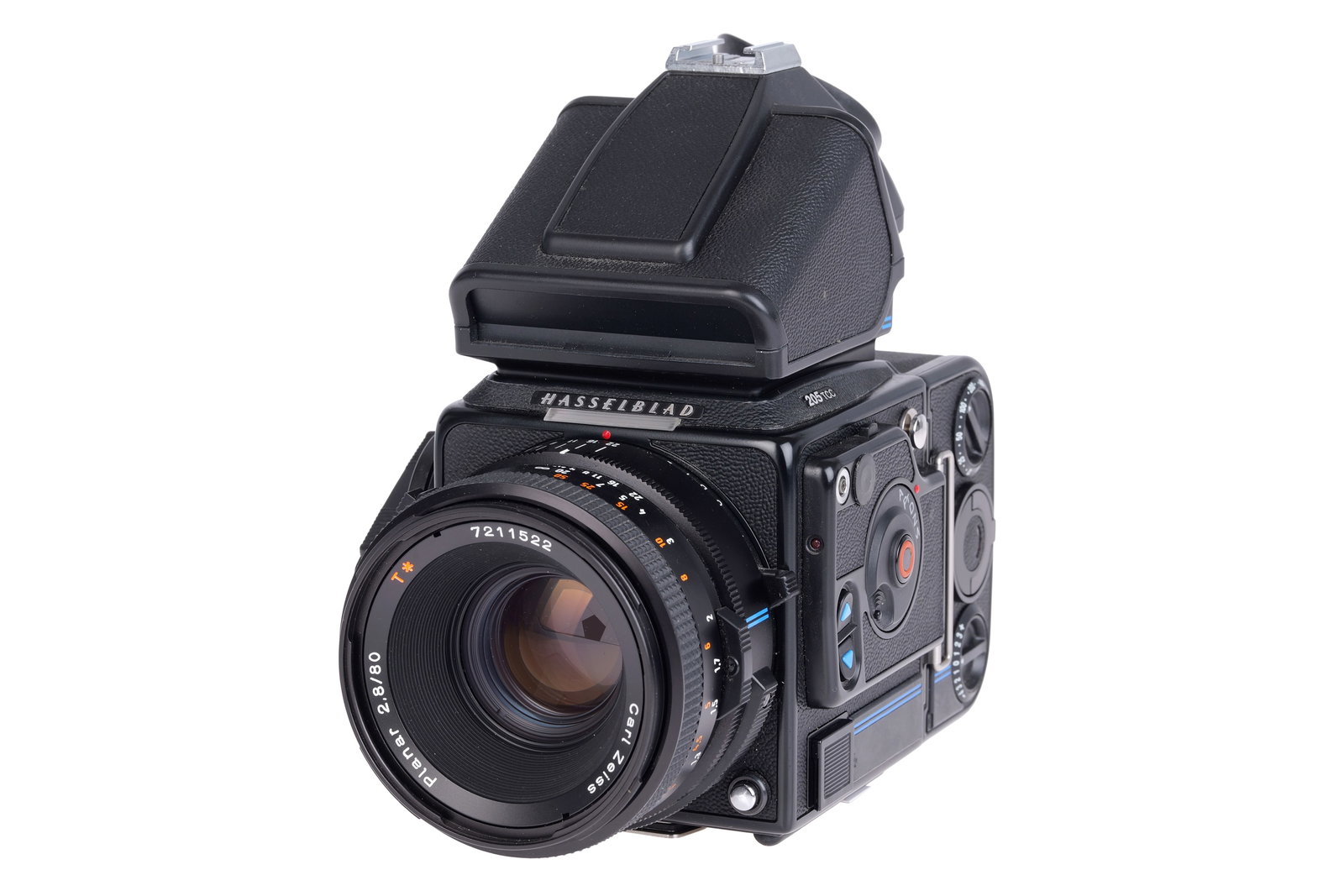 A Hasselblad 205TCC Medium Format Camera,: 1991, black, serial no. 15EV10339, with Carl Zeiss Planar T* f/2.8 80mm lens, black, serial no. 7211522, body, VG-E, shutter working but issue with curtain, when wound on curtain, stay open, lens,