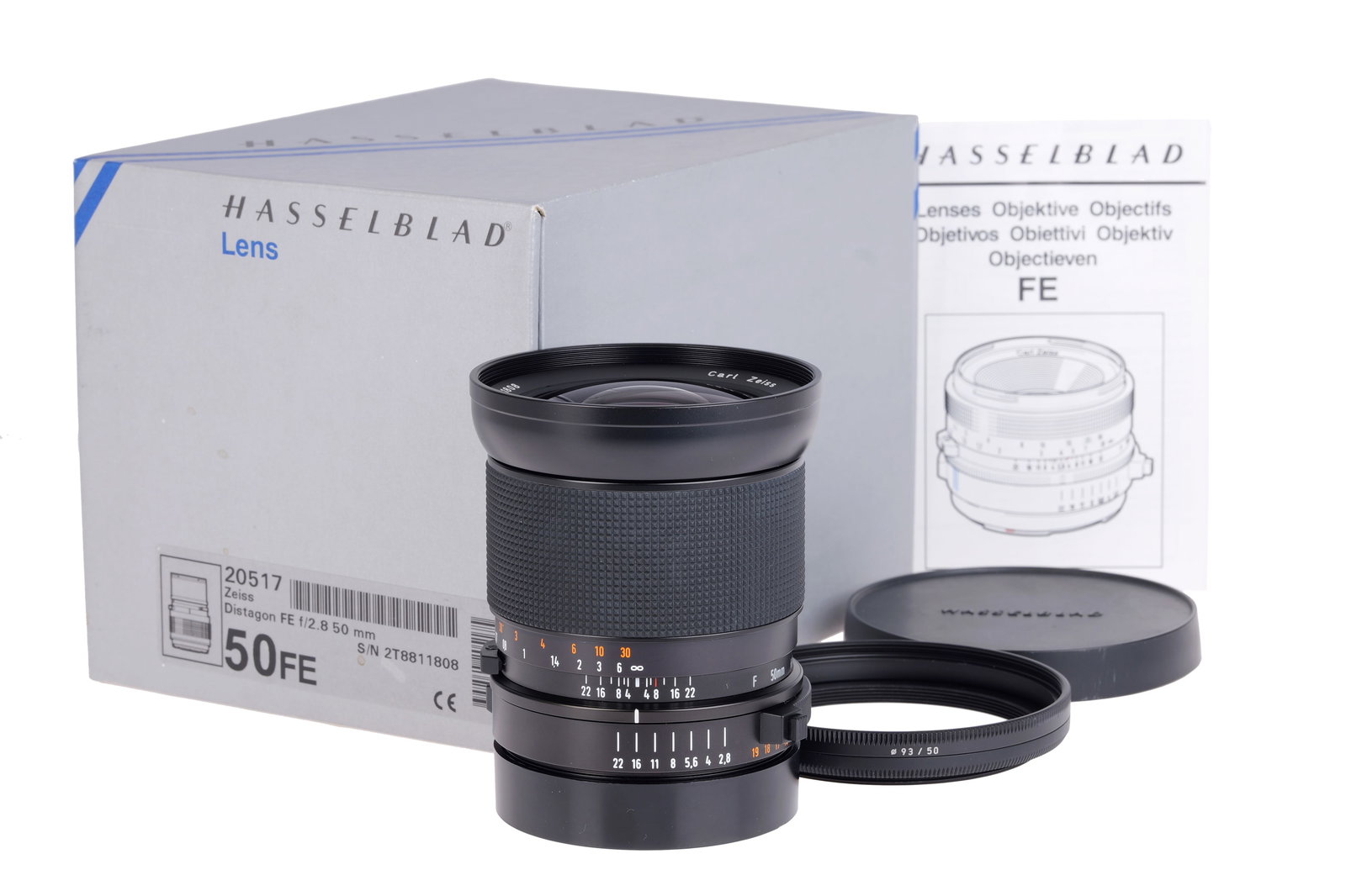 A Carl Zeiss Distagon T* FE f/2.8 50mm Lens,: Hasselblad V mount, black, serial no. 8811808, body, VG-E, elements, VG-E, complete with caps and maker's box
