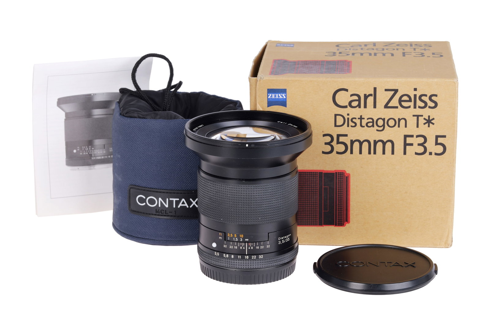 A Carl Zeiss Distagon T* f/3.5 35mm Lens,: Contax 645 mount, black, serial no. 8791387, body, VG, elements, VG, some very light internal haze, complete with maker's caps, soft pouch and box