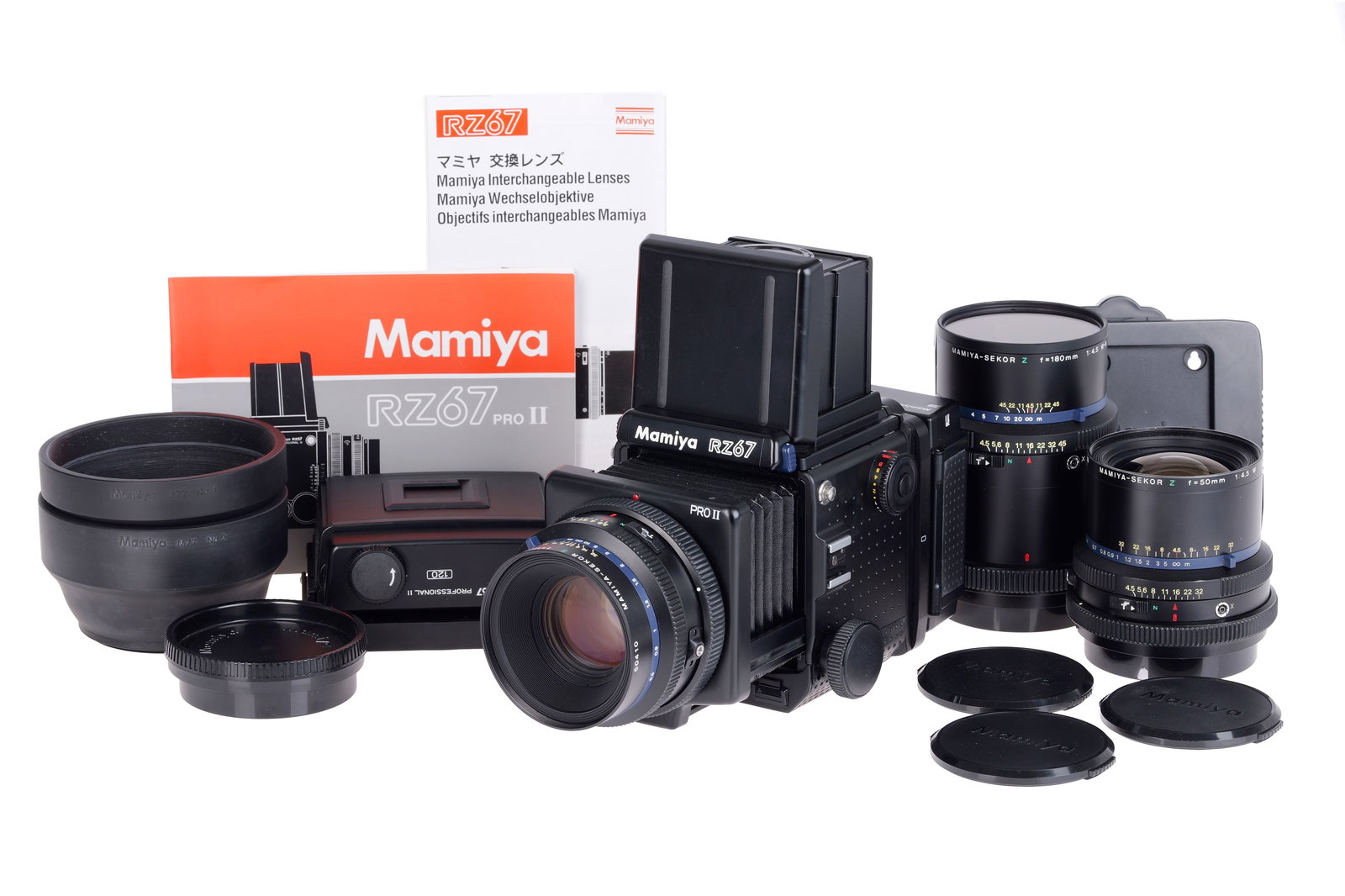 A Mamiya RZ67 Pro II Medium Format Camera Outfit,: 1995, black, serial no. OE3164, with Mamiya-Sekor Z W f/2.8 110mm lens, black, serial no. 50410, body, VG-E, lens, VG, shutter working, some very light internal haze-like spots, together with Mamiya-S