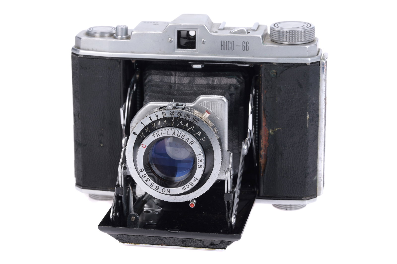 A Haco-66 Medium Format Folding Viewfinder Camera,: also known as the 'Toyoca 6' or 'Toyoca 66', black/chrome, serial no. 28228, with Tri-Lauser 8cm f/3.5 lens, body G, shutter working, with light corrosion to front and leatherette damage, lens, VG