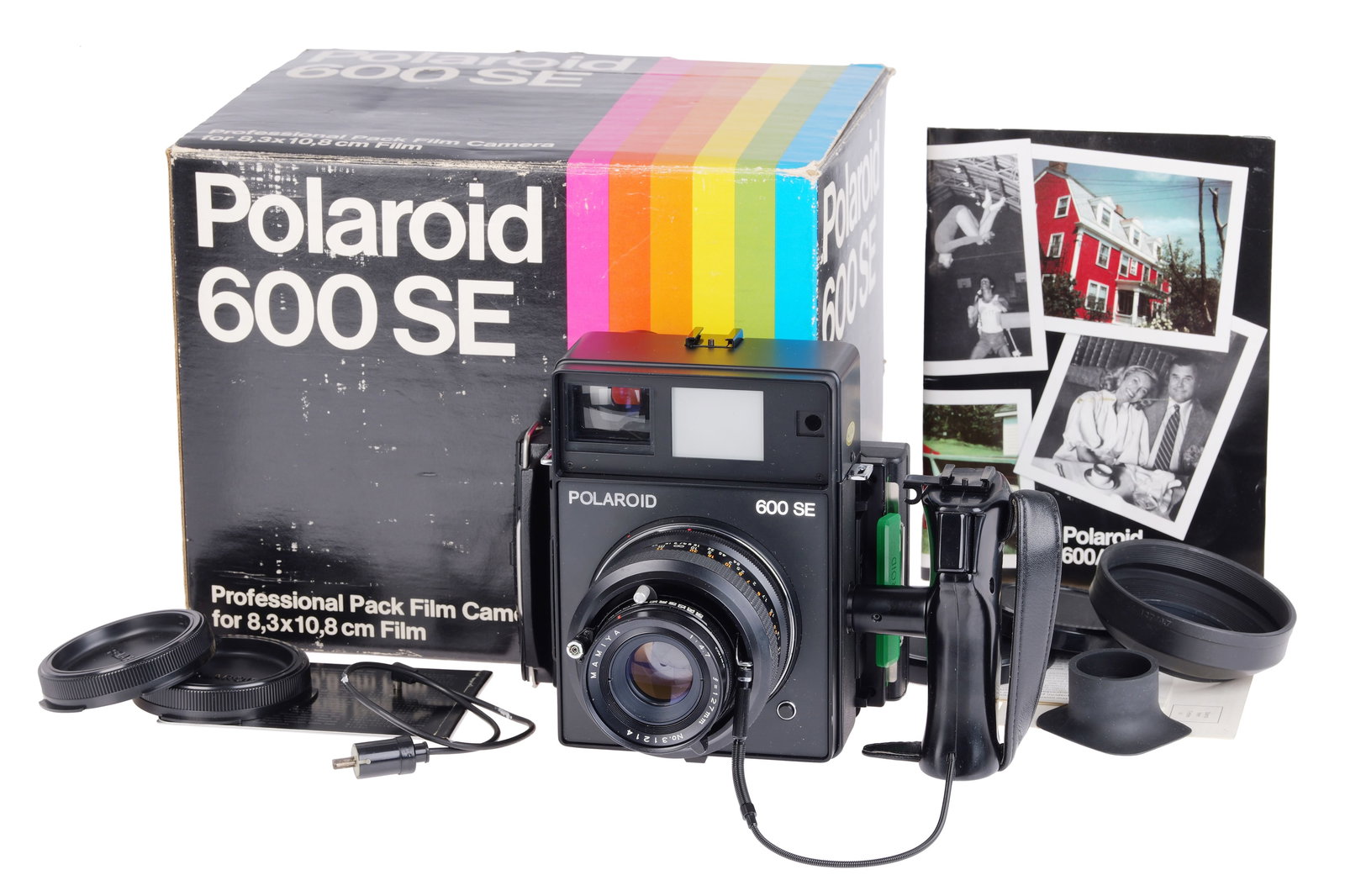 A Polaroid 600SE Rangefinder Camera,: 1978-81, black, serial no. MAB91688B, with Mamiya f/4.7 127mm lens, black, serial no. 31214, body, VG, lens, VG, shutter working, some very light internal haze, complete with paperwork and maker's