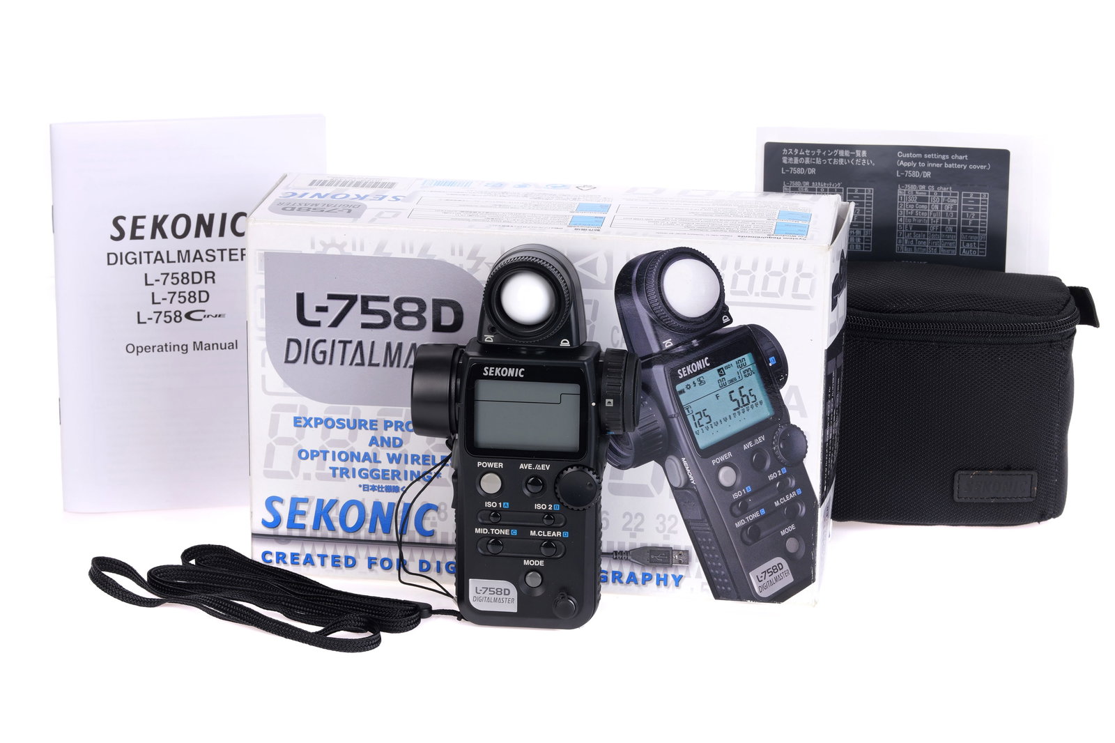 A Sekonic L-758D Light Meter,: black, serial no. 101425, body, VG-E, powers up and appears to function