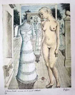 Paul Delvaux - La robe de Dimanche: •Artist: Paul Delvaux •Title: La robe du Dimanche •Dimensions: 9x7 inches •Medium: Lithograph •Condition: Excellent “After” “After” Means that it is a copy of the artist’s work. Fo