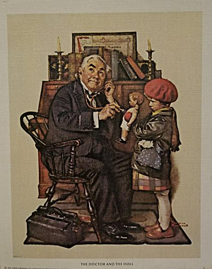 Norman Rockwell Dr. and The Doll: •Artist: Norman Rockwell •Title: Dr and The Doll •Dimensions: 9x7 inches •Medium: Lithograph Print •Condition: Excellent