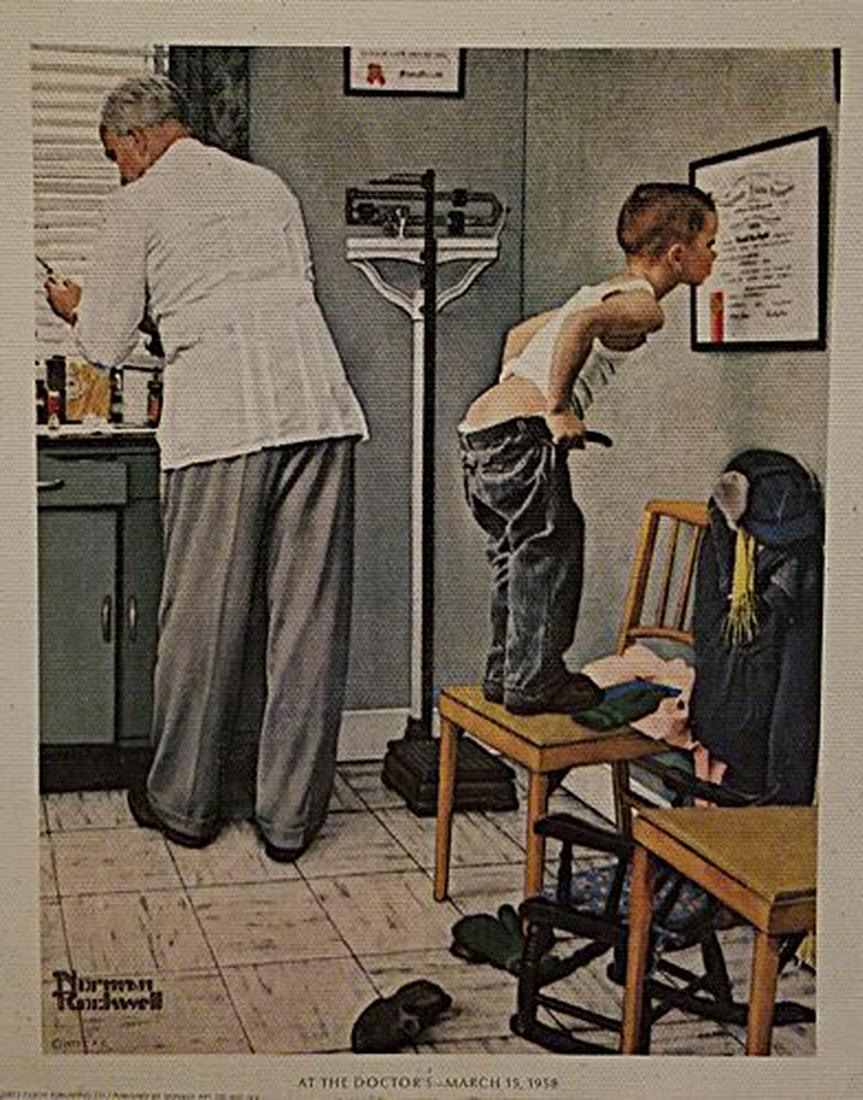 Norman Rockwell - At the Doctor: •Artist: Norman Rockwell •Title: At the Doctor •Dimensions: 9x7 inches •Medium: Lithograph Print •Condition: Excellent