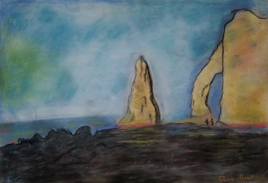 Claude Monet - The Cliffs At Etretat: •Artist: Claude Monet •Title: The Cliffs At Etretat •Dimensions: 20x14 Inches •Medium: Pastel On Paper •Condition: Excellent “In the style of” "In the style of" works are works by an unk