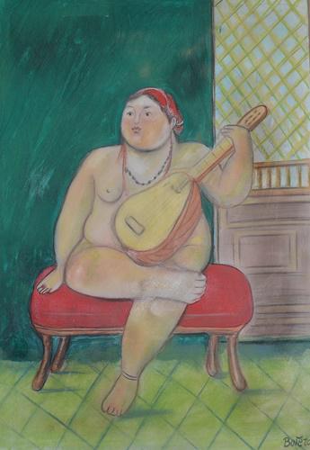 Fernando Botero - Woman Nude With Guitar: •Artist: Fernando Botero•Title: Woman Nude With Guitar•Dimensions: 20x14 Inches•Medium: Pastel On Paper•Condition: Excellent“In the style of”"In the style of" works are works by an unkno