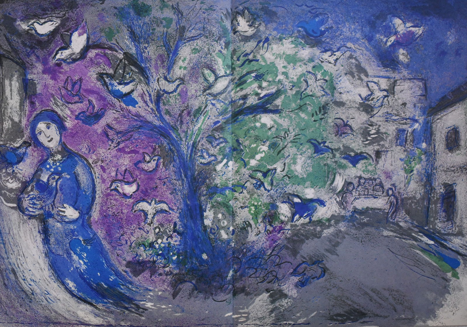 Chagall - Snaring Birds ?After?: Artist: Marc ChagallTitle: Snaring BirdsYear: 1977Dimensions: 19in. by 13inEdition: From the rare limited editionPublisher: The Limited Editions Club INC.Suite: Daphins and ChloeMedium: