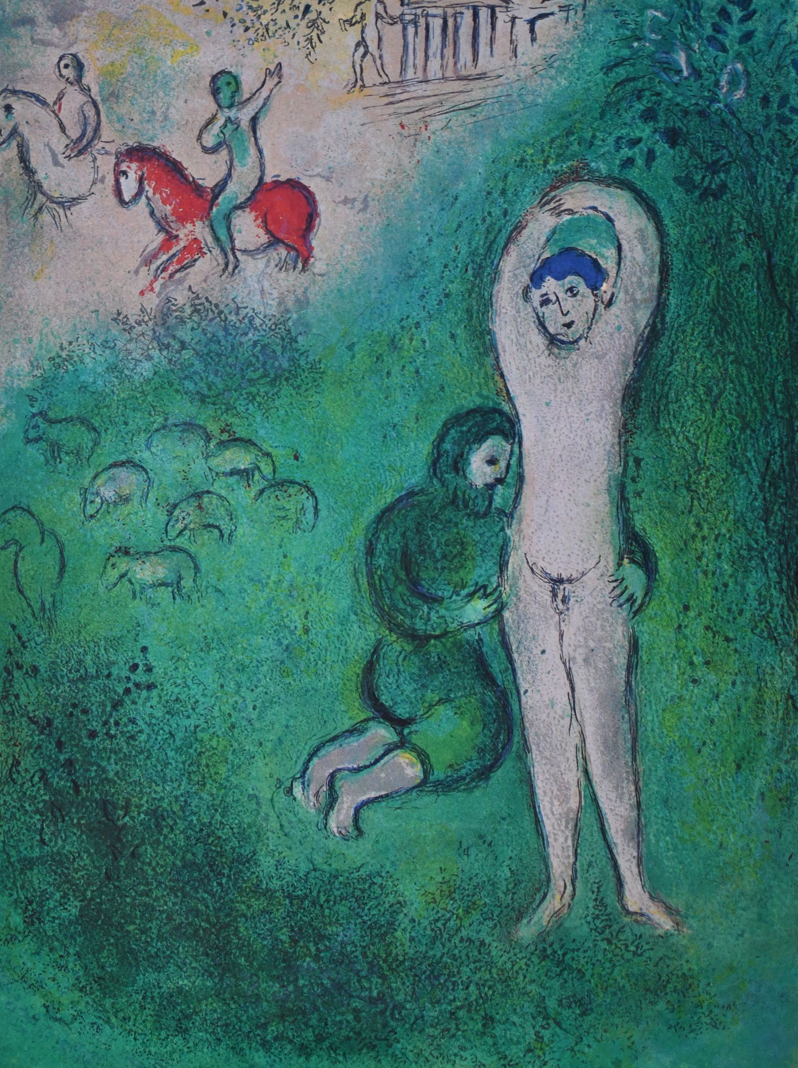 Chagall - The Tramples Flower ?After?: Artist: Marc ChagallTitle: Daphins and GnathoDimensions: 10in. by 13inEdition: From the rare limited editionPublisher: The Limited Editions Club INC.Suite: Daphins and ChloeMedium: