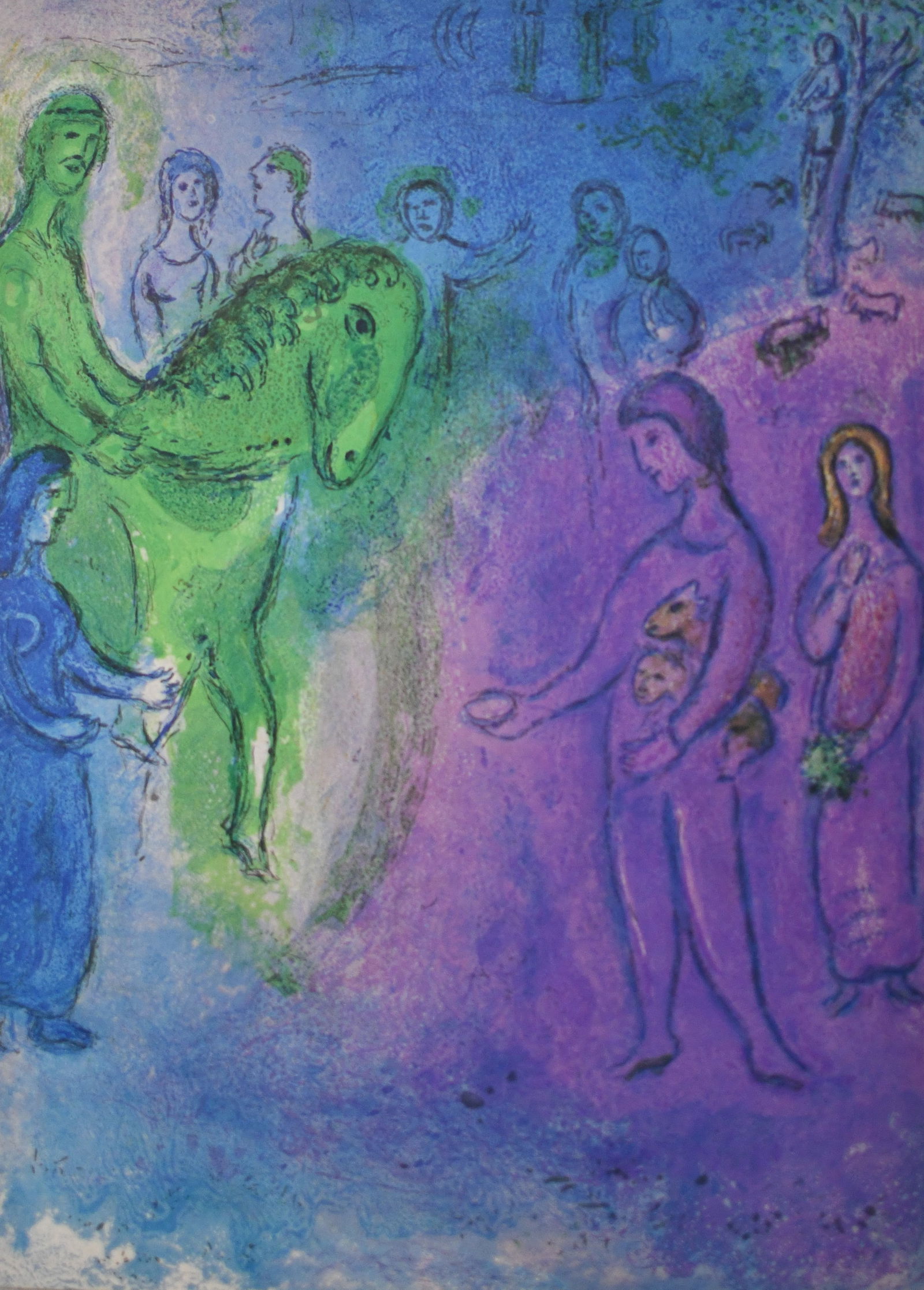 Chagall - The Arrival Of Dionysophanes ?After?: Artist: Marc ChagallTitle: The Arrival Of DionysophanesDimensions: 10in. by 13inEdition: From the rare limited editionPublisher: The Limited Editions Club INC.Suite: Daphins and ChloeMedium: