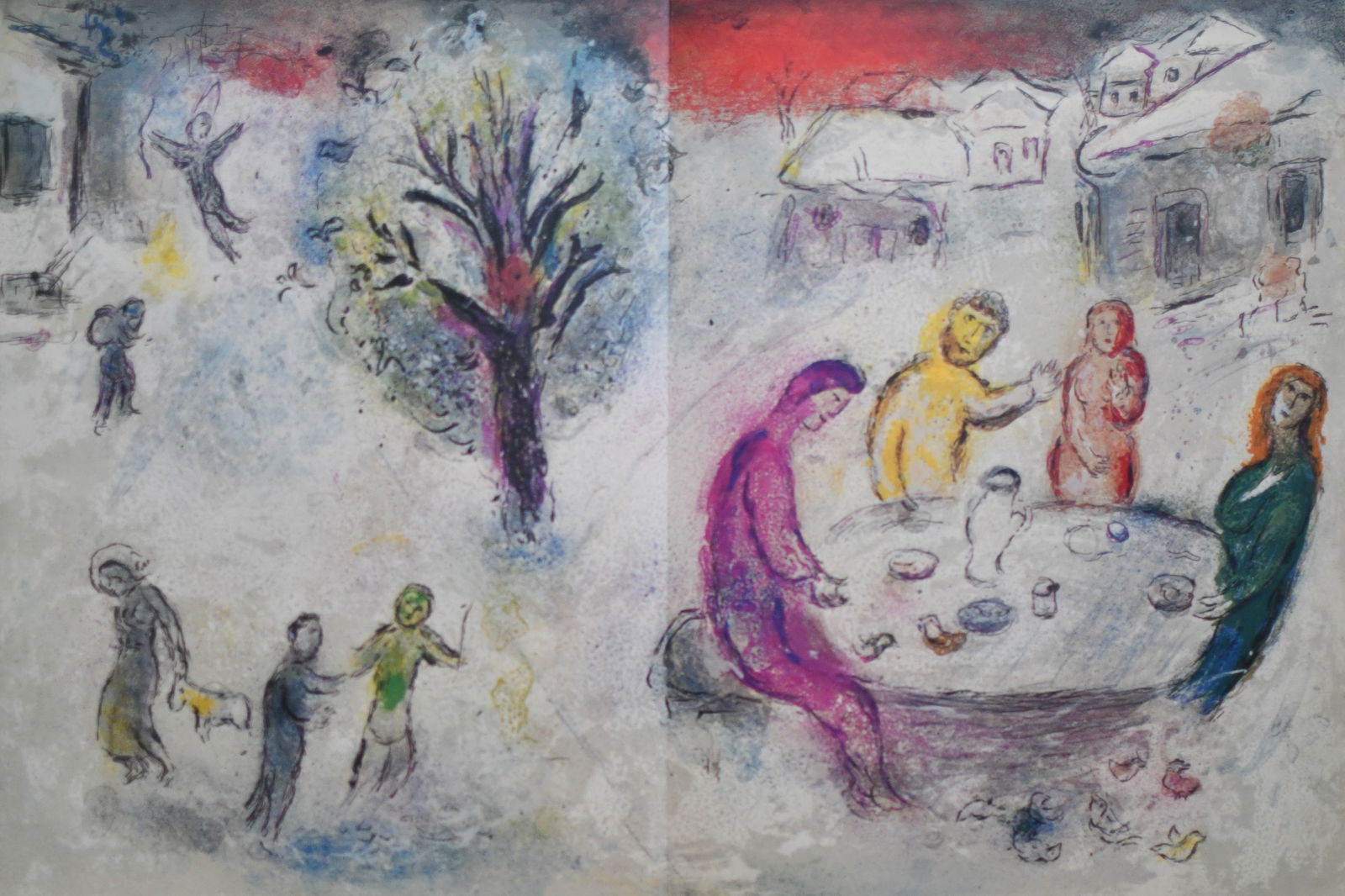 Chagall - The Meal At Drya's House ?After?: Artist: Marc ChagallTitle: The Meal At Drya's HouseYear: 1977Dimensions: 19in. by 13inEdition: From the rare limited editionPublisher: The Limited Editions Club INC.Suite: Daphins and ChloeMedium: