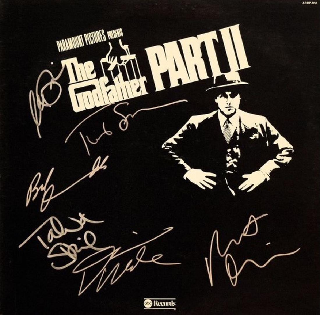 Godfather Part II Cast Autographed Soundtrack: Signed by Robert Duvall, Francis Ford Coppola, Diane Keaton, Talia Shire, Robert DeNiro, and Al Pacino. Near-mint condition. 12x12in