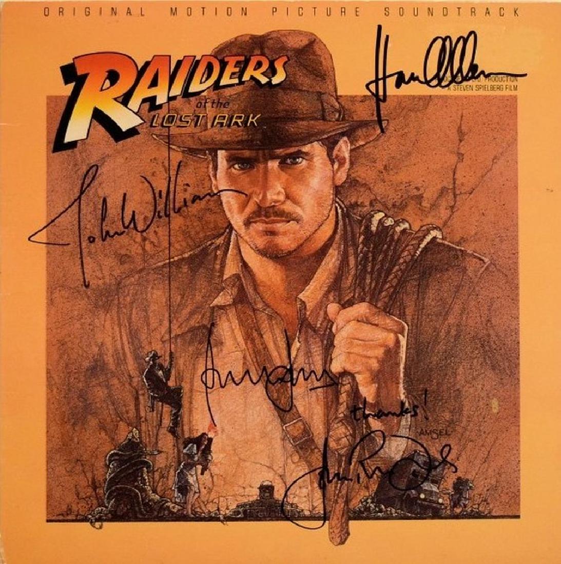 Autographed Indiana Jones Raiders of the Lost Arc Cast: Autographed by Harrison Ford, John Williams, John Rhys-Davies and Karen Allen In excellent condition Item is 12x12in