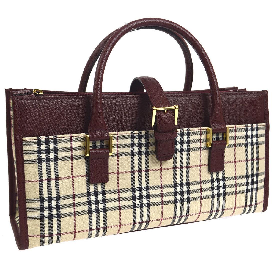 BURBERRY Beige Bordeaux Canvas Leather Check Logos Hand: Color: Beige, Bordeaux, Style:Hand Bag Strap Drop:3.1 Depth:3.9 Height:6.7 Material:Canvas, Leather Brand:BURBERRY Width:12.8 No obvious wear and tear