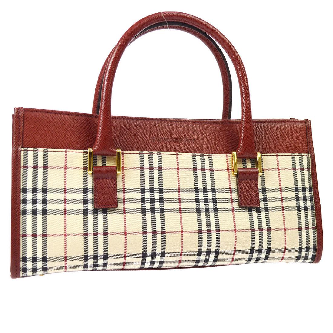 Vintage BURBERRY Beige Red Canvas Leather Check Hand: Color: Beige, Red, Style:Hand BagMagnet Depth:3.1Height:5.9 Material:Canvas, LeatherBrand: BURBERRY Width:11.8 No obvious wear and tear