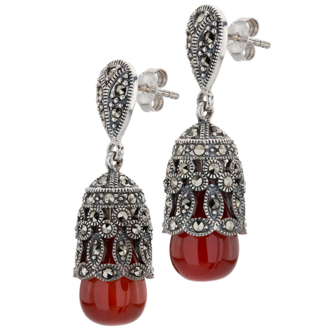 Marcasite and Red Agate Cage Drop Earrings (1 of 2)