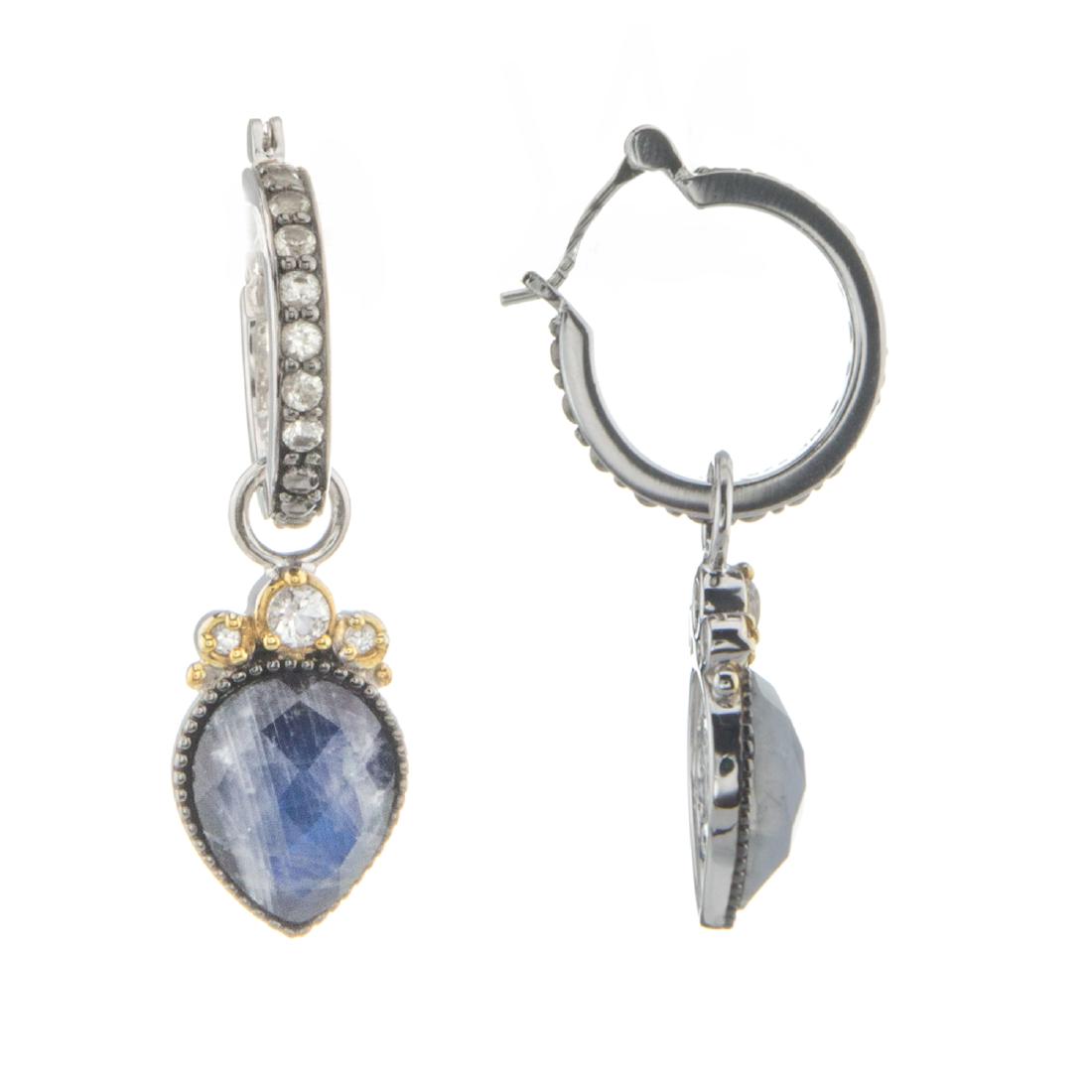 Rainbow Moonstone /Black Onyx and White Topaz Earrings: 925 Sterling Silver Looking for just the right earrings? Pangea Mines has just what you’ve been looking for. This lovely drop design is adorned with a rainbow moonstone and black onyx doublet ac
