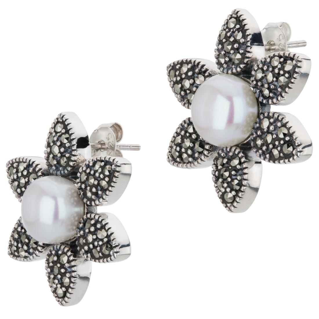 Freshwater Pearl and Marcasite Flower Stud Earrings (1 of 2)