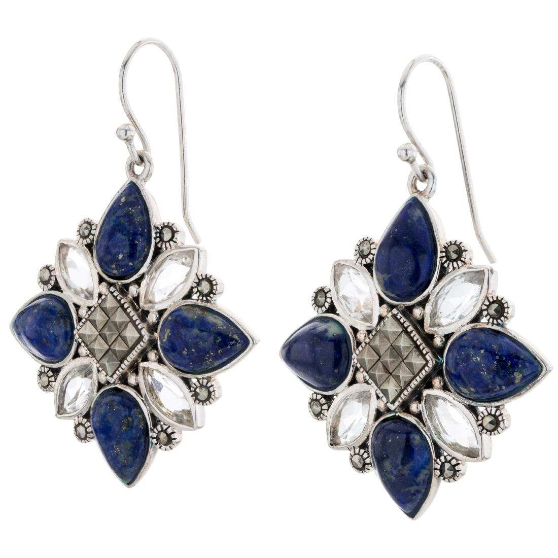 Lapis, White Topaz and Marcasite Earrings: Add the absolutely captivating deep blue coloration of lapis lazuli to your collection with this lovely design from the Addison Lane Felicity collection. Beautifully crafted in oxidized sterling silve
