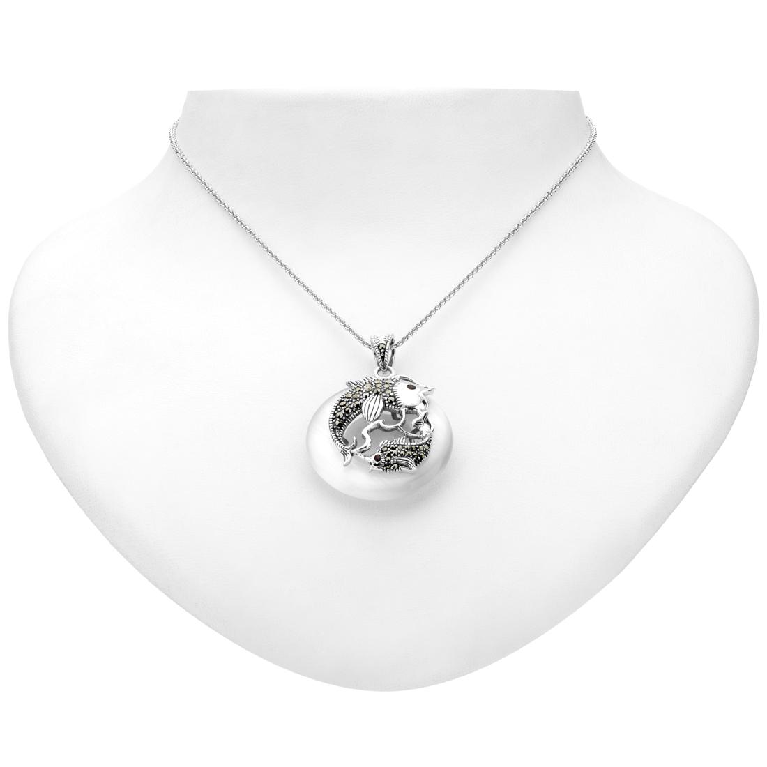 Marcasite and Garnet Accented Fish Disc Pendant: Addison Lane crafts a delightful, eye-catching design with this charming disc pendant from the Animal Kingdom Collection. Beautifully styled in oxidized sterling silver, this intricately detailed desi