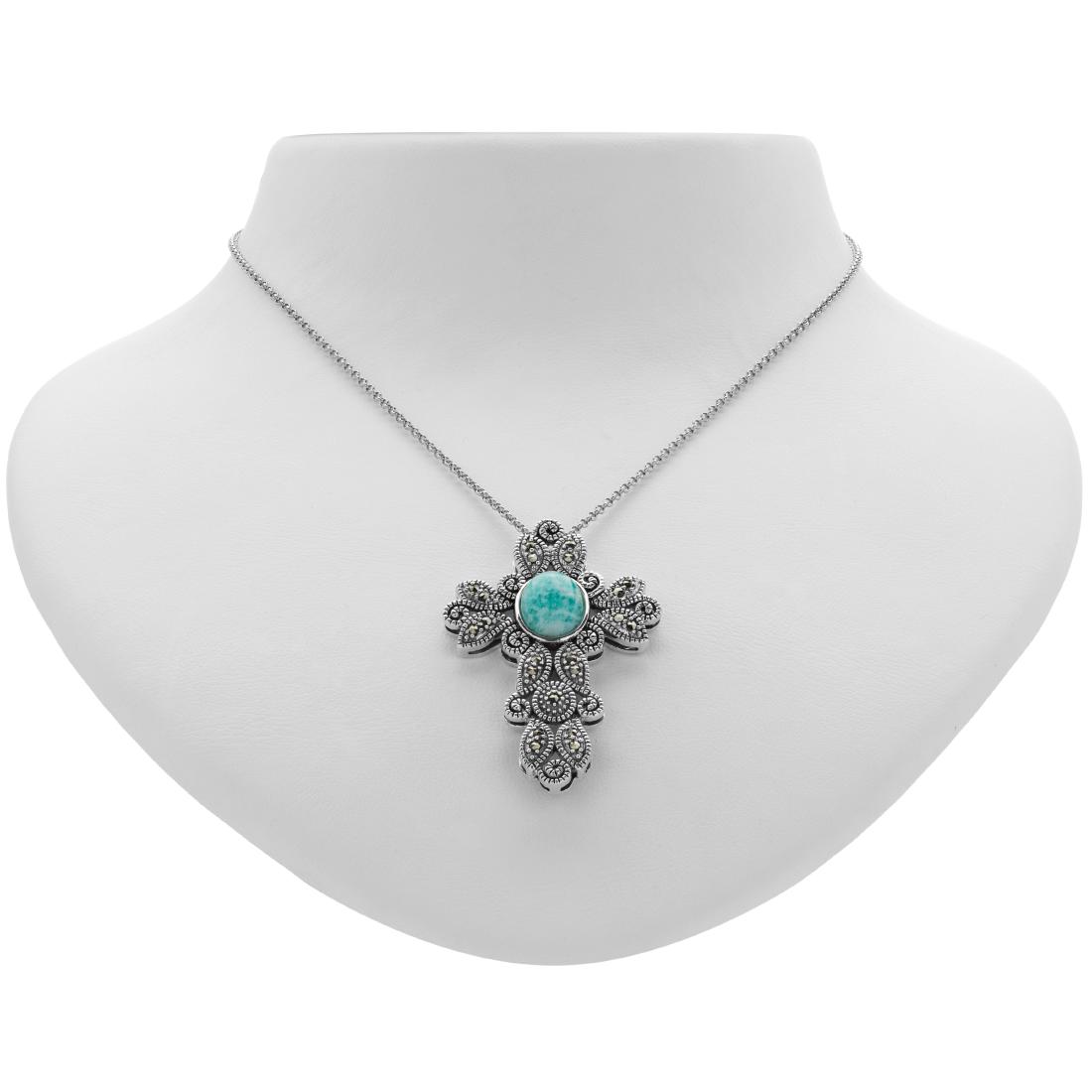 Amazonite and Marcasite Cross Pendant: Affirm your faith with this impressive Trefoil cross from Addison Lane’s Weekend collection. Beautifully crafted in oxidized sterling silver and adorned with genuine amazonite and marcasite, thi