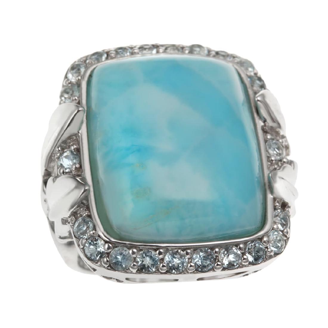 Dominican Larimar and Blue Toapz Island Paradise Ring: Color, cut, craftsmanship—this lovely design from the Pangea Mines Royal Island collection has it all. Crafted in gleaming rhodium over fine sterling silver that reflects every bit of the gorgeo
