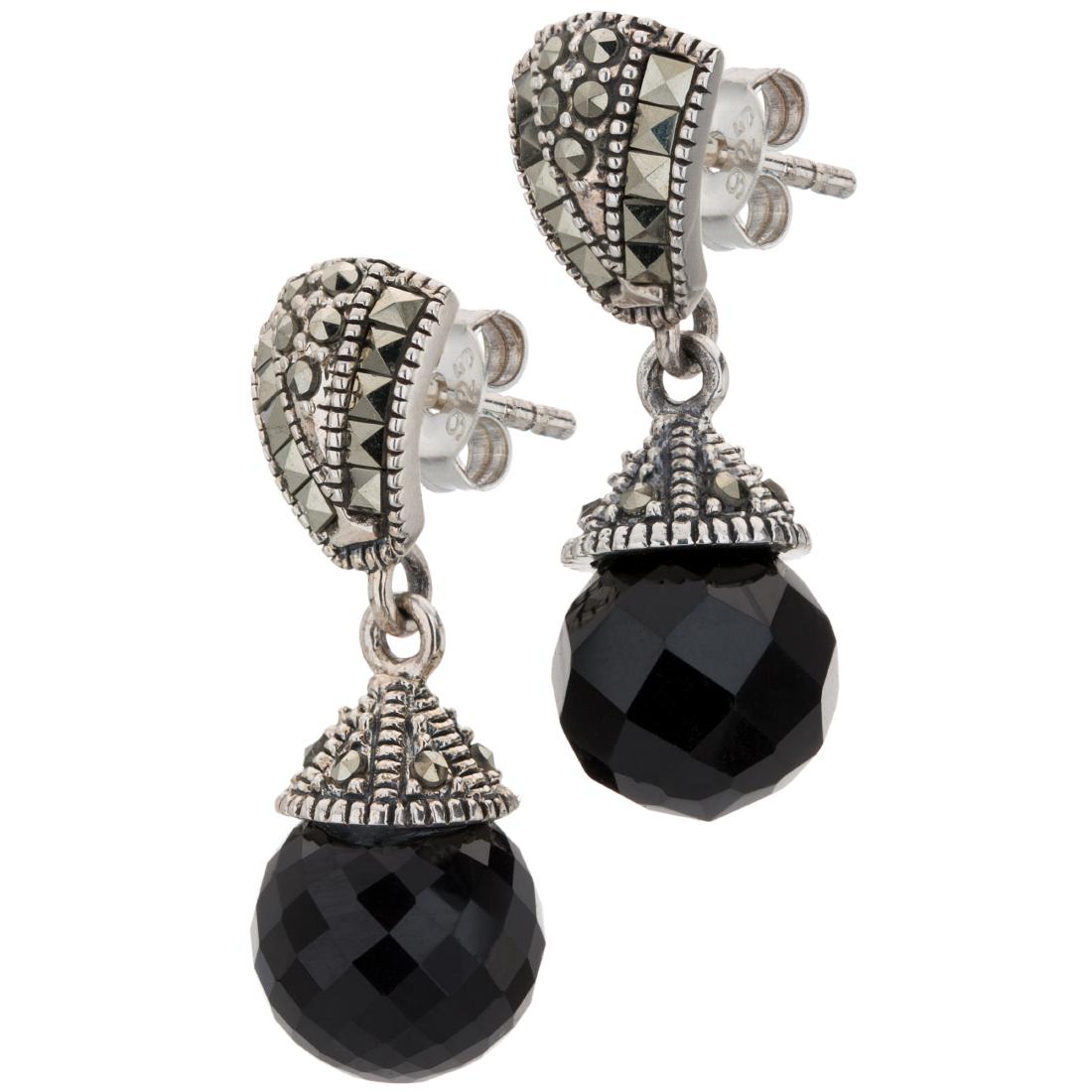 Marcasite and Black Agate Bead Drop Earrings (1 of 2)