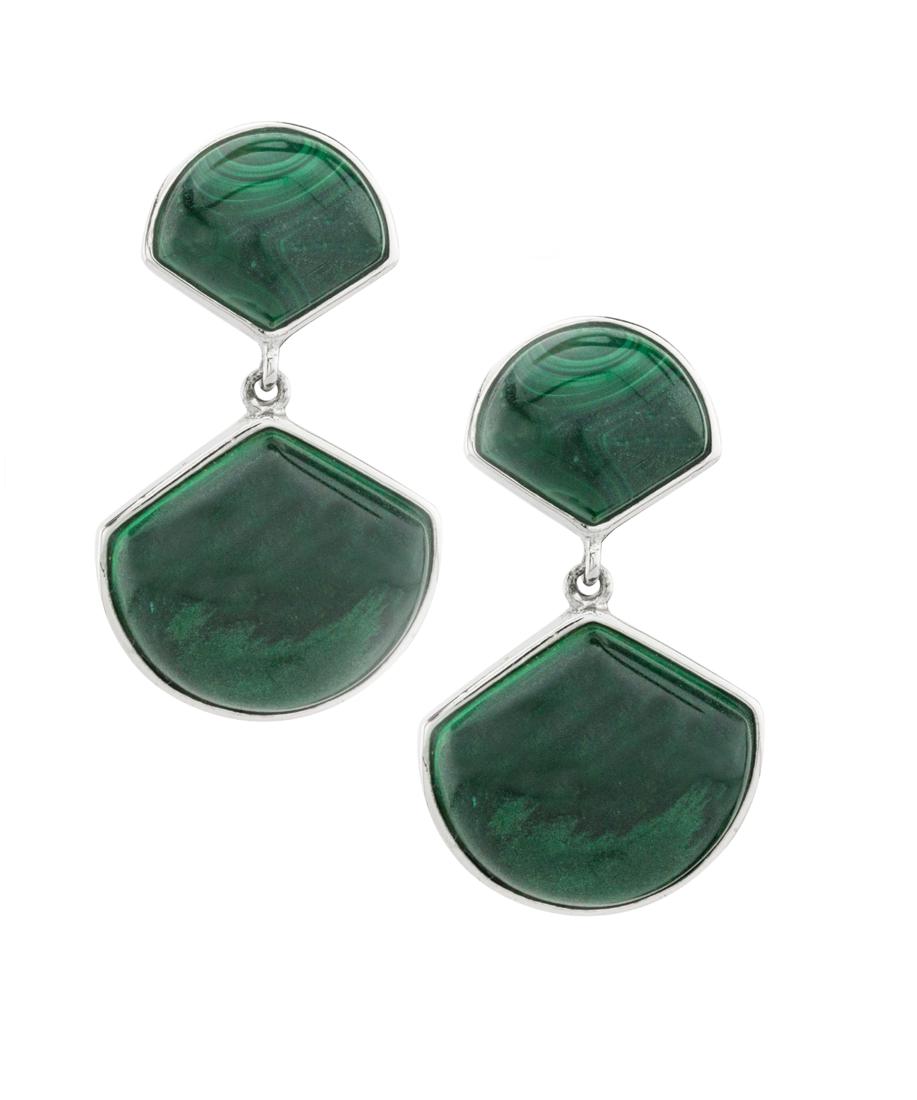 Sterling Silver 1.5" 20x18mm Malachite Fan Earrings: Each finely crafted sterling silver earring in this lovely pair features one large fan-shaped Malachite cabochon on the dangling drop and one smaller one on the post. Splash your favorite looks with s