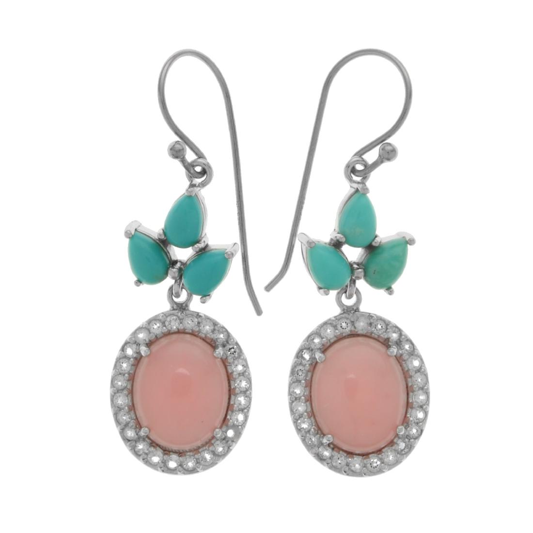 S.Silver Turquoise Guava Quartz & White Topaz Earrings: Each finely crafted sterling silver earring features an oval guava quartz cabochon in a halo of shimmering white topaz dangling below a trio of leaf-like Campo Frio turquoise cabochons. Shepherd hook 
