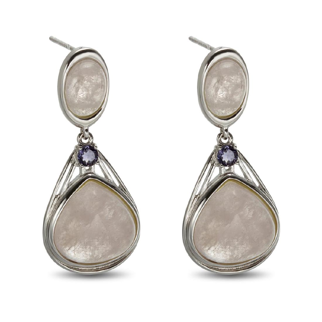 Morganite & Iolite Sterling Silver Drop Earring: Gorgeous soft coloration and lovely drop styling make these earrings from the Pangea Mines Pretty in Pink Collection a “must have.” Gleaming anti-tarnish rhodium over sterling silver is ad