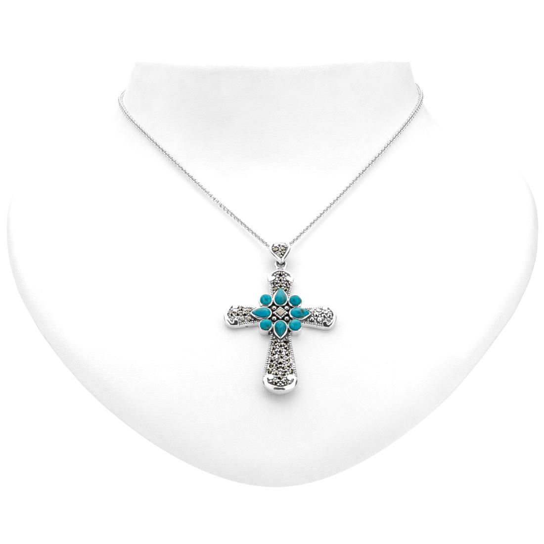 Turquoise and Marcasite Cross Pendant: Heavenly color and classic lines makes this lovely cross from the Addison Lane Felicity collection a smart addition to any collection. Beautifully crafted in oxidized sterling silver and adorned with 