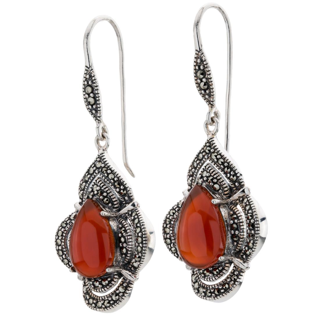 Marcasite and Red Agate Pear Drop Earrings: Inspired by classic lines and stylings, Addison Lane presents these striking earrings from the Felicity Collection. Fine sterling silver is beautifully crafted in an attractive oxidized finish and ado
