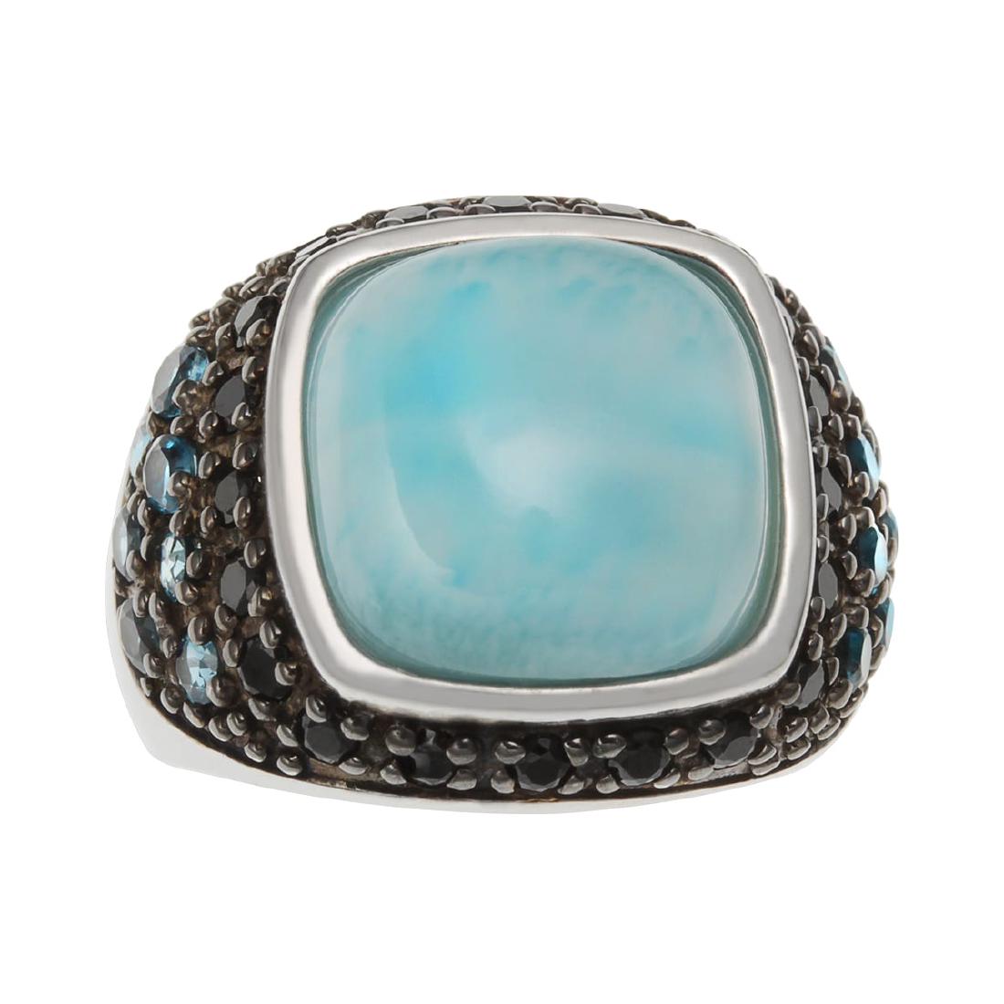 Dominican Larimar and Black Spinel Stormy Night Ring: Make a statement—and make it in bold, beautiful color with this impressive design from the Pangea Mines Royal Island collection. Beautifully crafted in gleaming rhodium over fine sterling silver