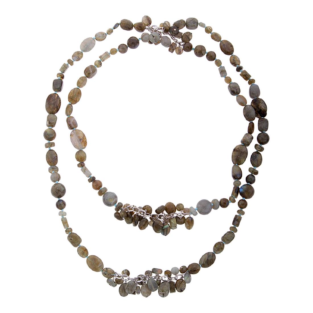 S.Silver Labradorite and Freshwater Pearl Necklace: Stately labradorite with its wonderful labradorescence interplay of colors and freshwater pearls with their rich elegance beautifully complement each other in this striking 42” necklace from Tar