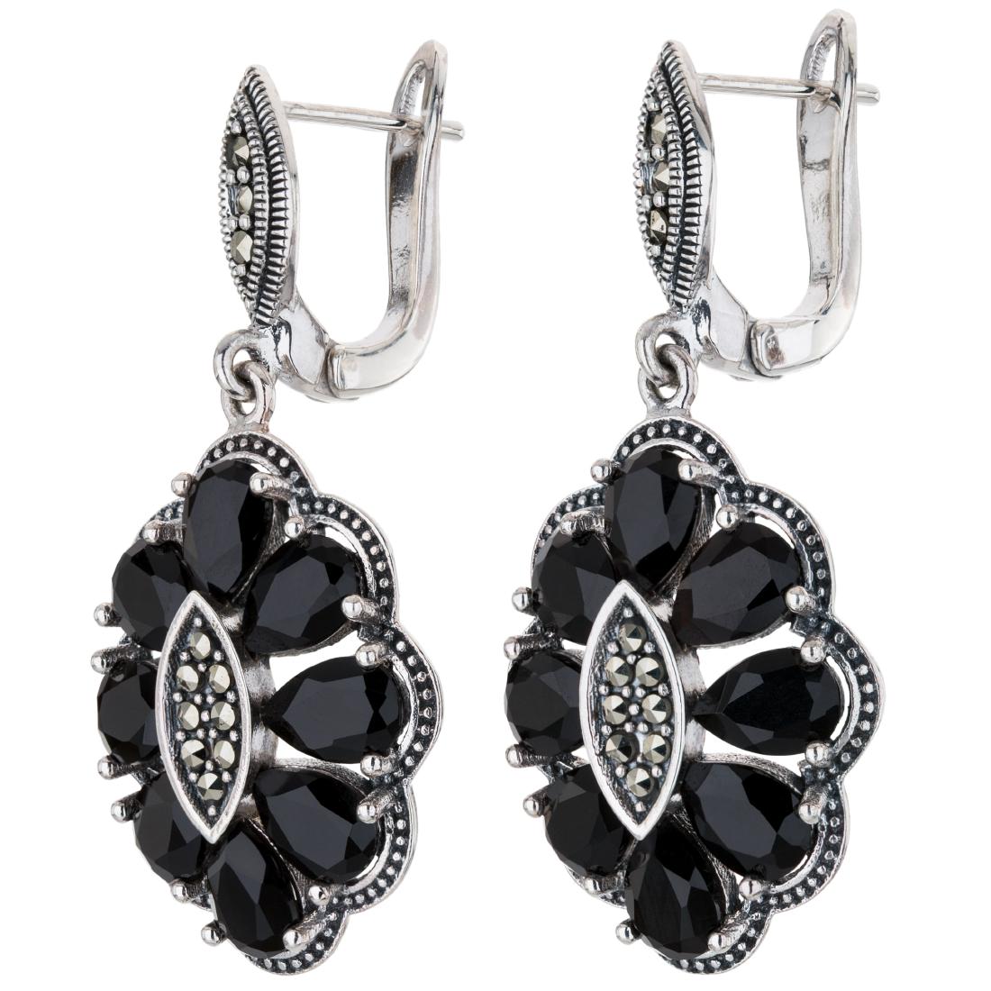 Marcasite and Black Onyx Flower Drop Earrings: The elegance of a bygone age beautifully updated—that’s Addison Lane’s Felicity Collection. You will love the classic styling of these vintage-inspired drop earrings, beautifully cra