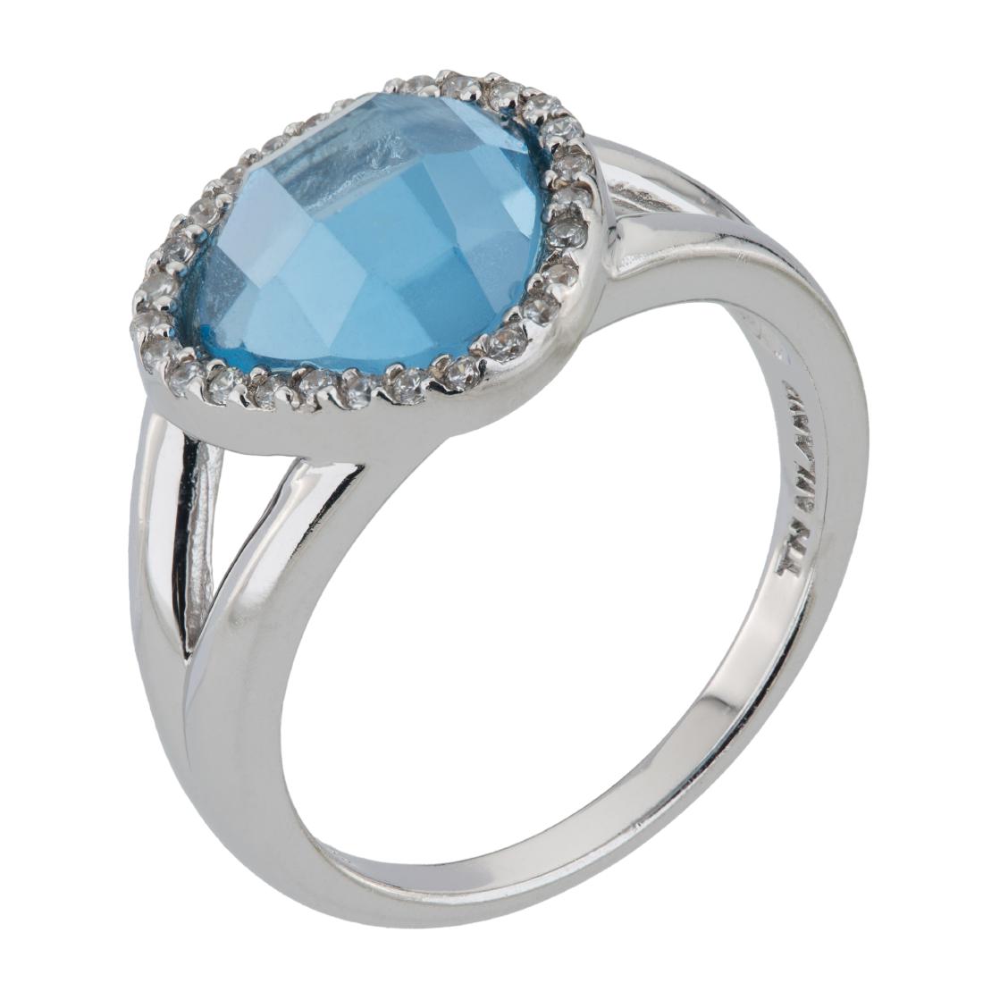 Sterling Silver Simulated Blue Spinel Pave Halo Ring: This shimmering free form Simulated Sky Blue Spinel ring dazzles with its simulated diamond pave halo.. Finely Crafted in Anti-tarnishing Rhodium over 925 Sterling Silver. Checkerboard faceting, split
