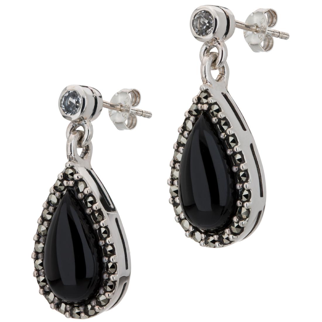 Black Agate, Marcasite and White Topaz Drop Earrings (1 of 2)