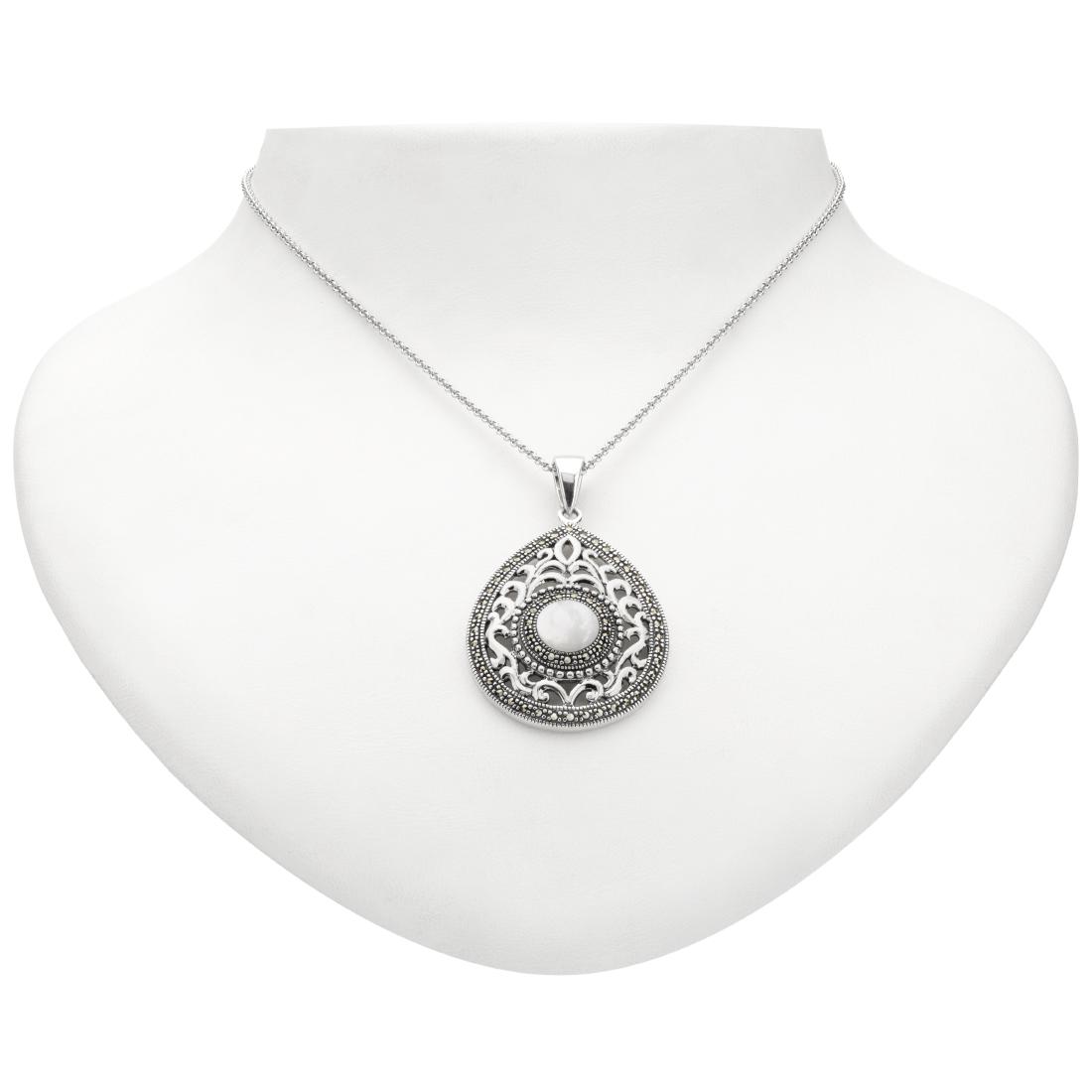 Marcasite and Mother-of-Pearl Teardrop Pendant: You will love the fascinating ever-changing iridescence of Addison Lane’s teardrop pendant necklace. Beautifully crafted in oxidized sterling silver and adorned with gorgeous white mother-of-pea