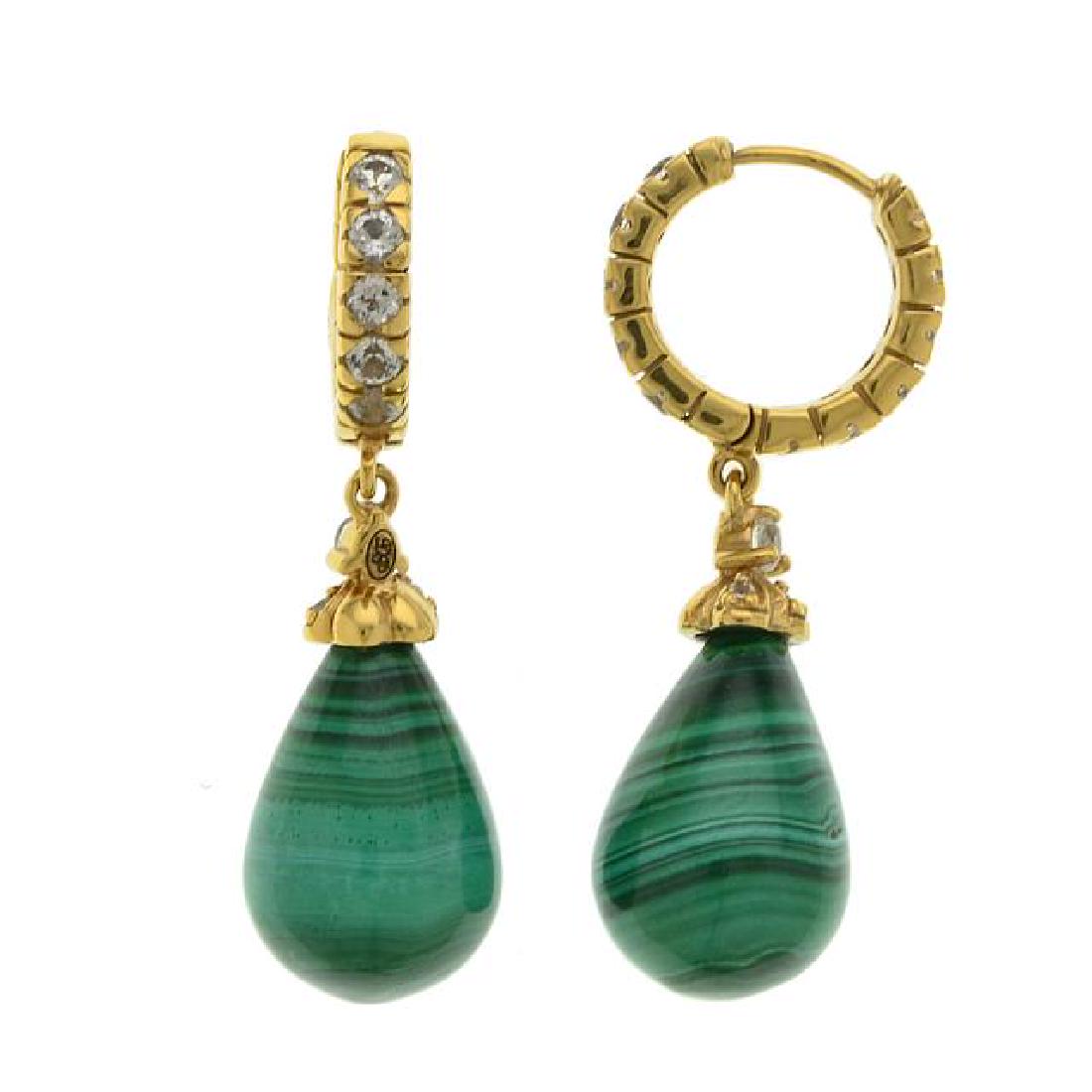14K Gold Vermeil Malachite & Topaz Drop Earrings: • Genuine Malachite & White Topaz • Huggie style hoop • 14K Yellow Gold Vermeil over sterling silver