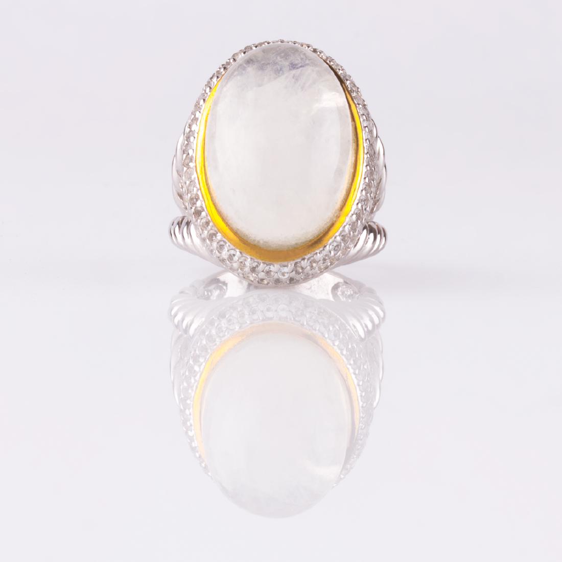 Sterling Silver Moonstone & White Topaz Ring-SZ 7: • Genuine Rainbow moonstone • Rope bezel • Fine sterling silver with 14k gold accents