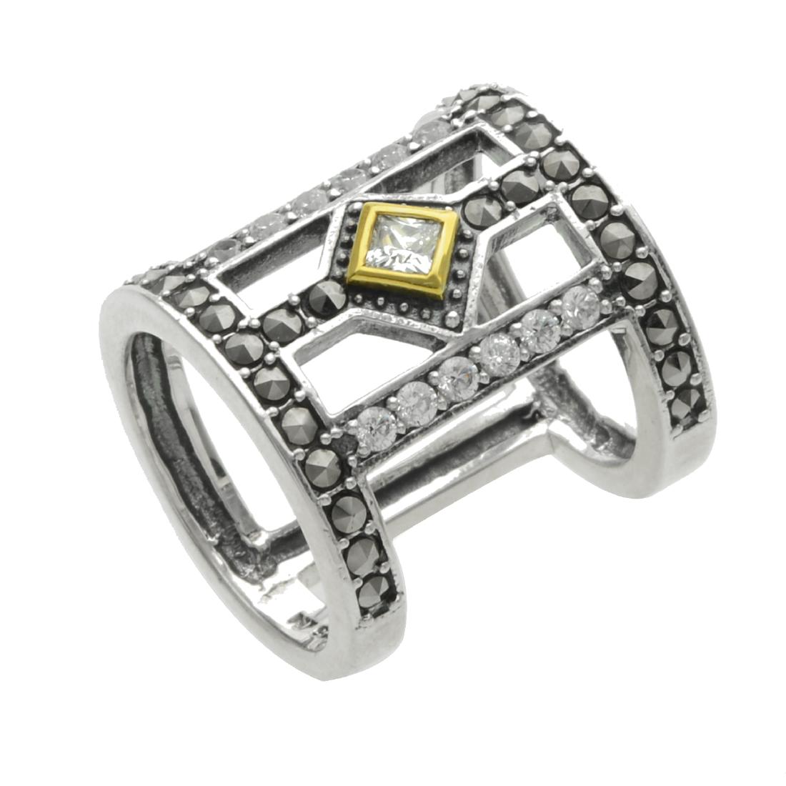 Sterling Silver Marcasite & CZ Open Band Ring-SZ 9: Add something new and different to your collection with this interesting design from the Addison Lane Zenith Collection. Crafted in sterling silver accented with 14k gold plating, this lovely ring is
