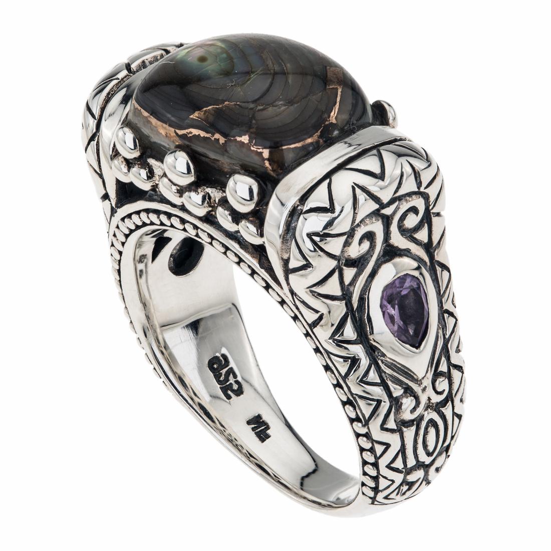 Silver Cushion Bronze Abalone East-West Ring-SZ 6: 925 Sterling Silver Pangea Mines crafts a statement ring that has it all—color, cut and style. Beautifully crafted in oxidized sterling, this striking ring is adorned with an East-West oriented 