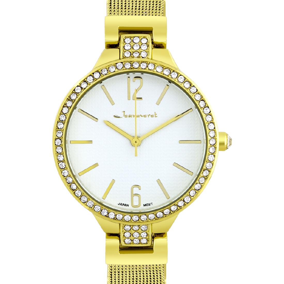 Jeanneret Luxury Mesh Band Ladies Watch: The Watch is a gorgeous addition to any women's watch collection. The textured dial design is accented with simple mirror polished hour markers and hands and shimmering Czech crystals going around the