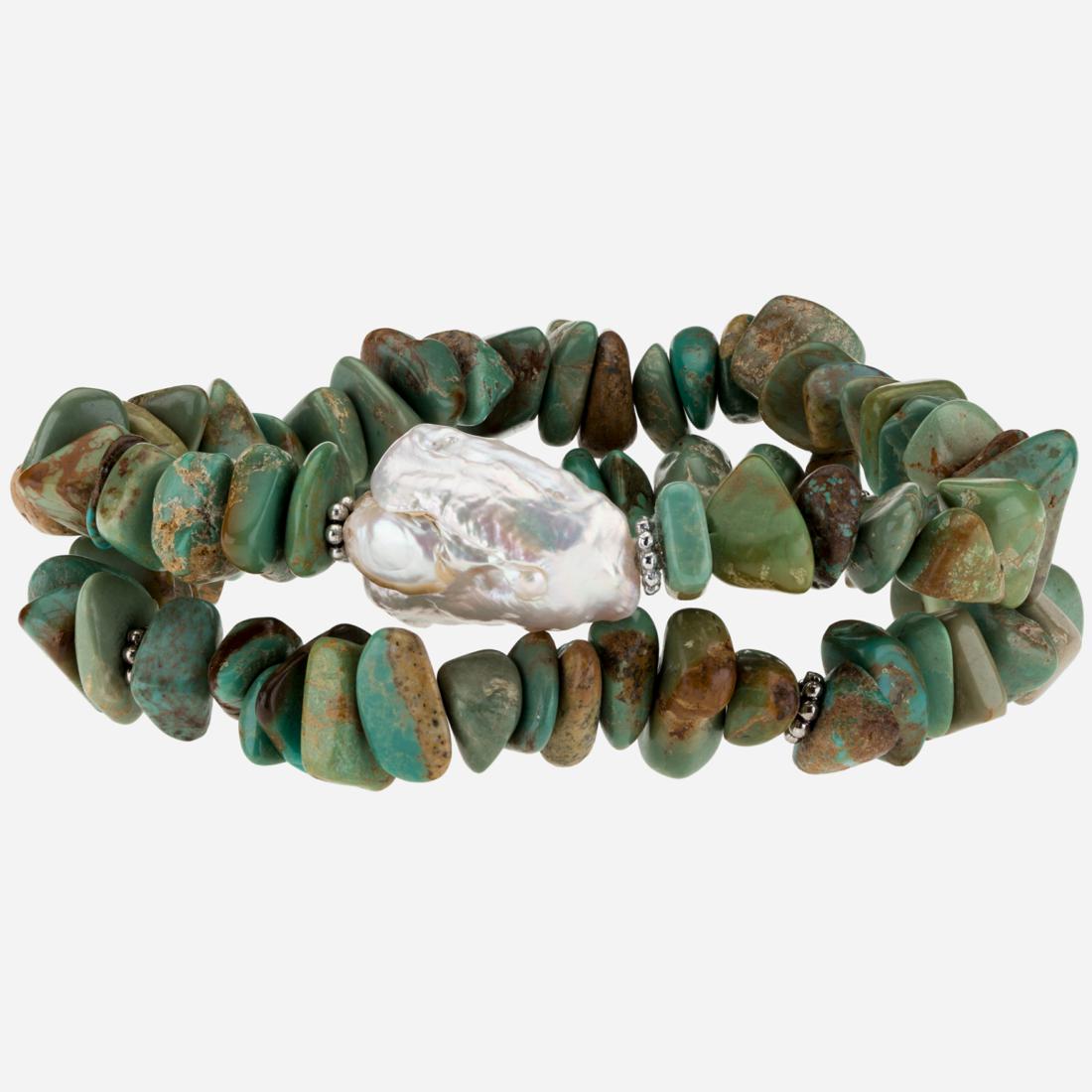 Turquoise Chips & Baroque Pearl Stretch Bracelet (1 of 3)