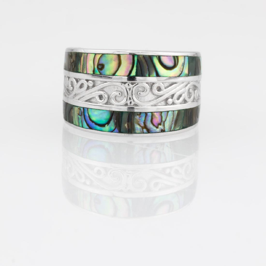 Sterling Silver Abalone Inlay Filligree Ring-SZ 8: Inspired by nature, this lovely design from the Pangea Mines Lagoon Collection exhibits placid beauty, cool tranquility, and shimmering iridescence. Beautifully crafted in 925 sterling silver and embe