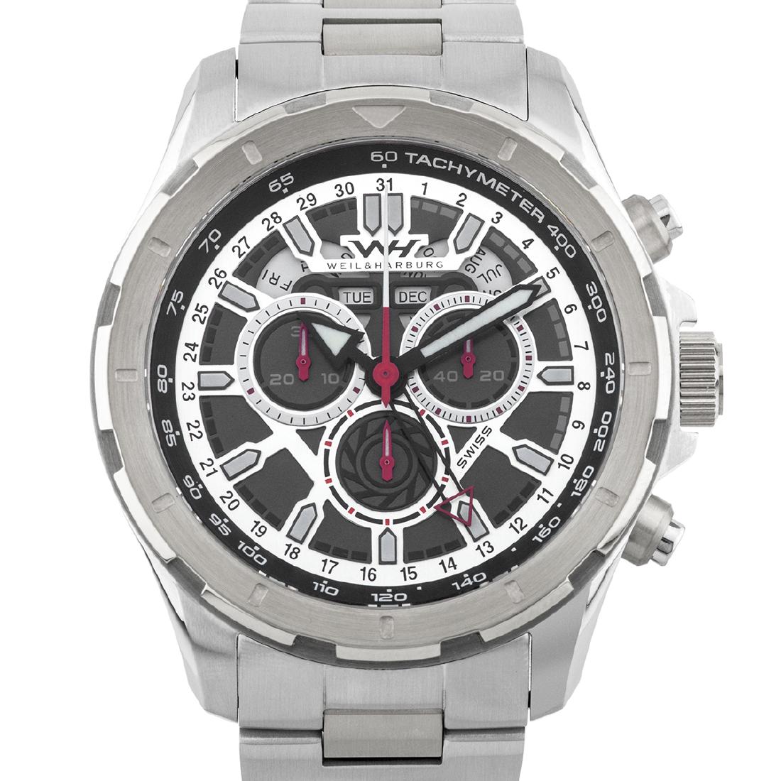 Weil & harburg Mens Swiss Made Full Calender Watch: Weil & Harburg Fleming Men's Swiss Made Full Calender Watch - Silver Bracelet, Silver Case, Cool Grey Dial, Silver Accents, Red Sub Hands