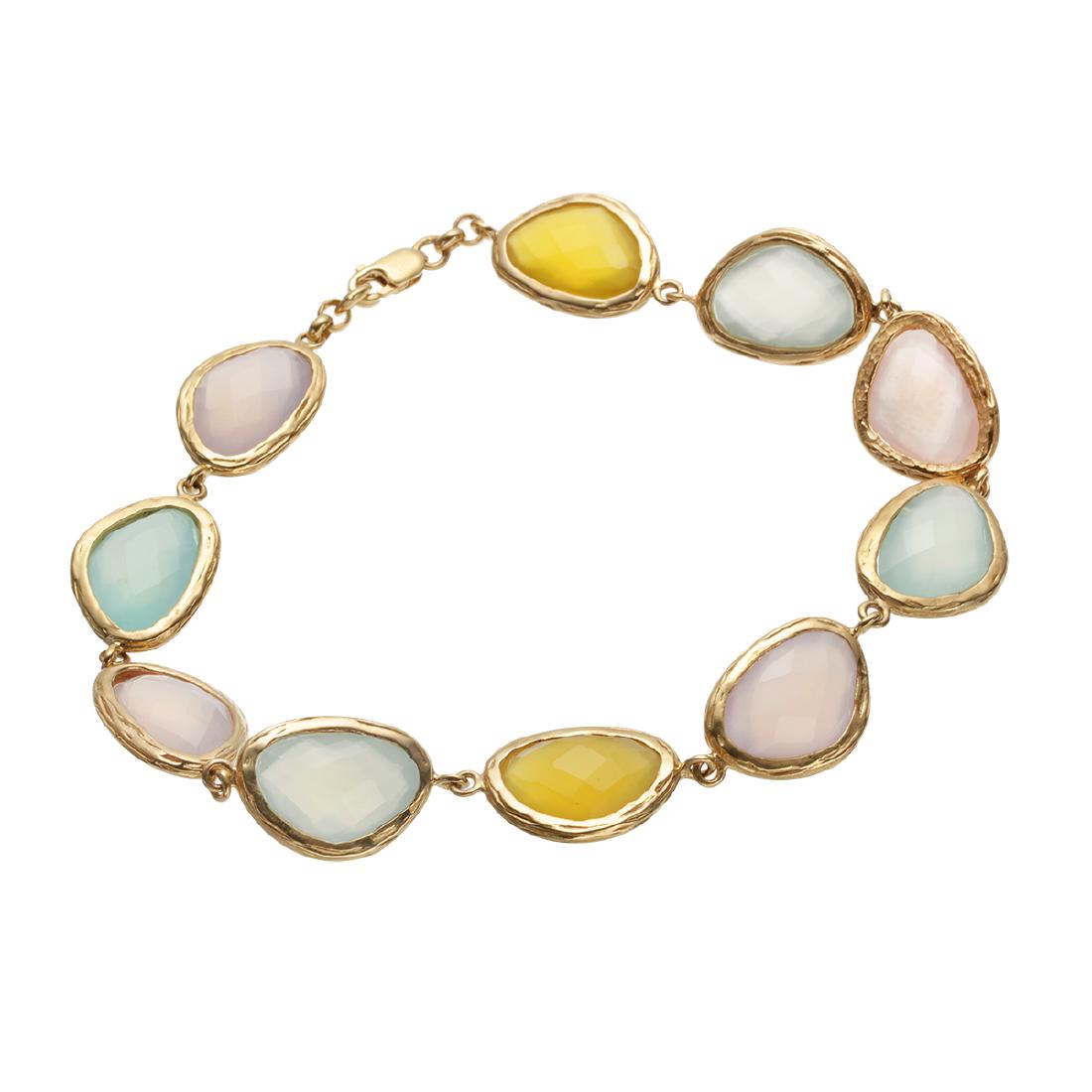 14K Gold over Silver Multi Chalcedony Bracelet: • Genuine multi color chalcedony • Hammered texture on the bezel • Secured lobster clasp • 8.5” length • 14K yellow gold over fine sterling silver
